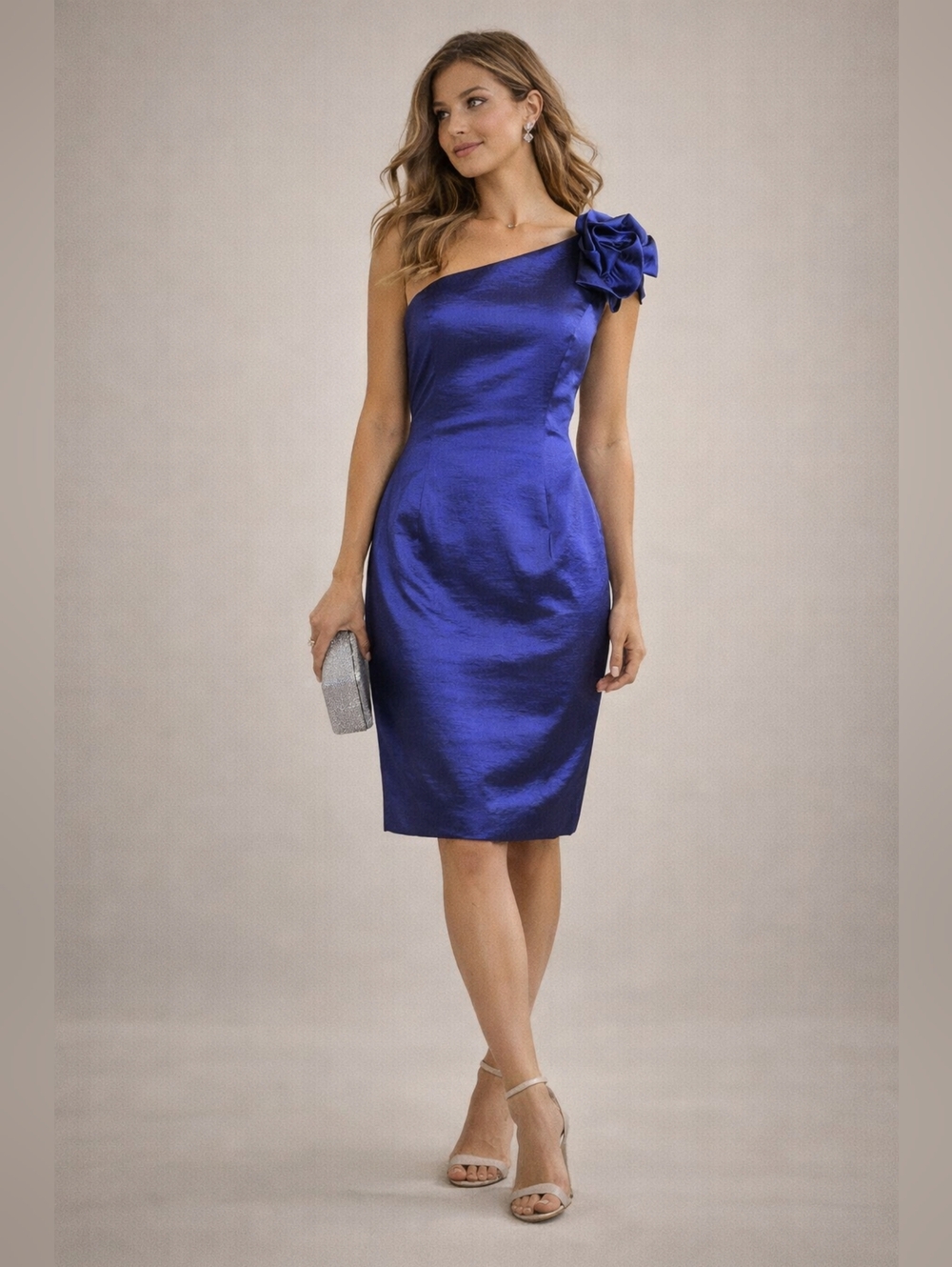 S.L. Fashions One-Shoulder Cobalt Blue Satin Dress with Floral Accent